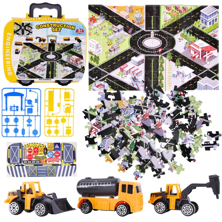 Set 3 Vehicule de Constructie, ProNice, Accesorii, Valiza cu Roti, 25x24x8cm, 3+