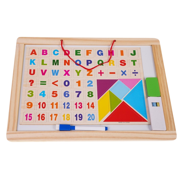 Tabla dubla din lemn cu accesorii, 37,5x27cm, pentru copii peste 3 ani, cu creta si marker