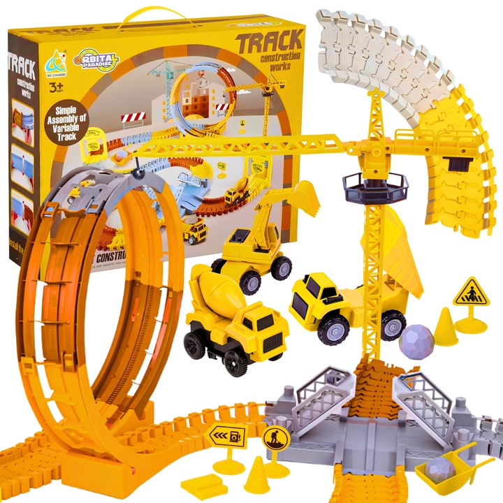Pista de masinute, Xie Chuang, 180 segmente, 3 camioane mobile, macarale, galben, 12x31x39cm