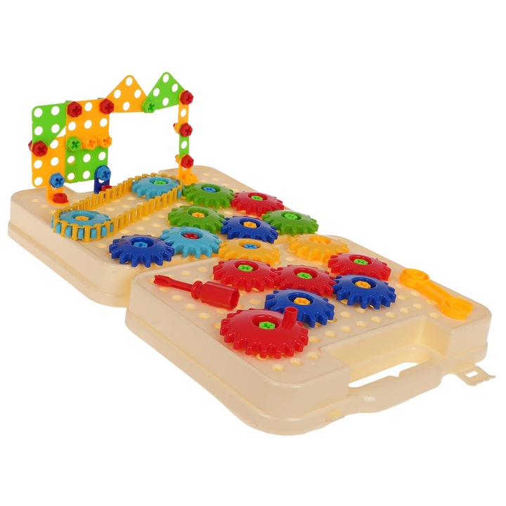 Set de constructie 276 piese, cu valiza, roti dintate, unelte, multicolor, 27,5x8,5x23,5cm