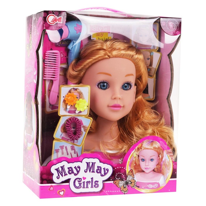 Set de stilizare pentru copii, cap de papusa, accesorii (uscator, pieptene, agrafe, elastic), blond, 20x17x11,5cm