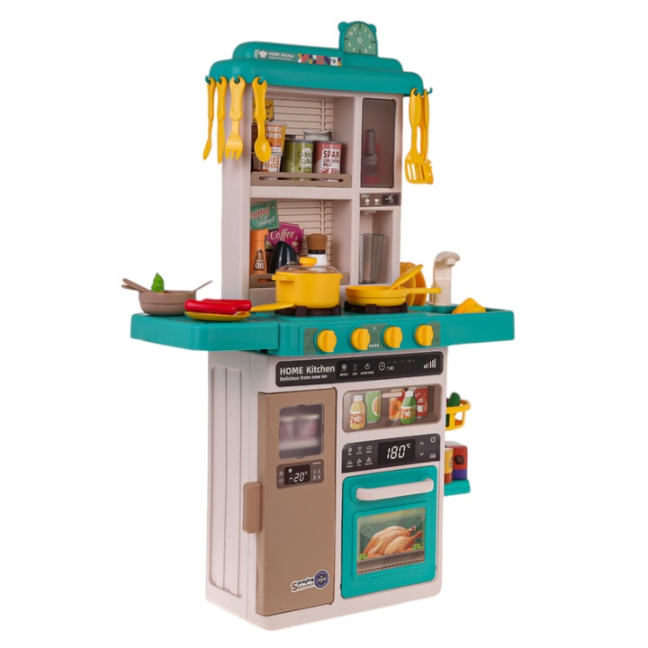 Bucatarie interactiva pentru copii, 50 elemente, functii de lumina si sunet, albastra, 78x22,2x50,2cm