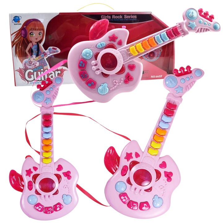 Interaktív gitár gyerekeknek, Import ProNice, 13 billentyű, fényhatások, 49x21,6x5,4 cm, szíjjal