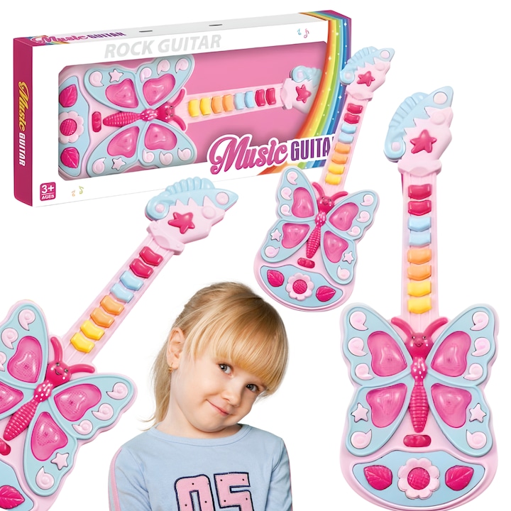 Interaktív gyerek gitár, Import ProNice, 11 billentyű, fényhatások, 48,5x22,3x6cm