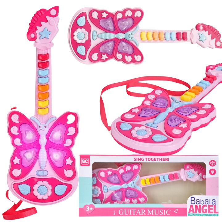 Interaktív gitár gyerekeknek, Import ProNice, 11 billentyű, fényhatások, 48,5x22,3x6cm, szíjjal együtt