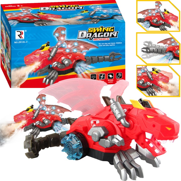 Dragon mecanic interactiv, Import ProNice, efecte de fum si sunete, rosu, 25x13,5x12,5cm