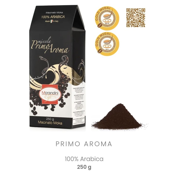 Cafea macinata Morandini Caffe -Primo Aroma, premiata, 100% Arabica, 250g, prajire medie, ambalaj vidat