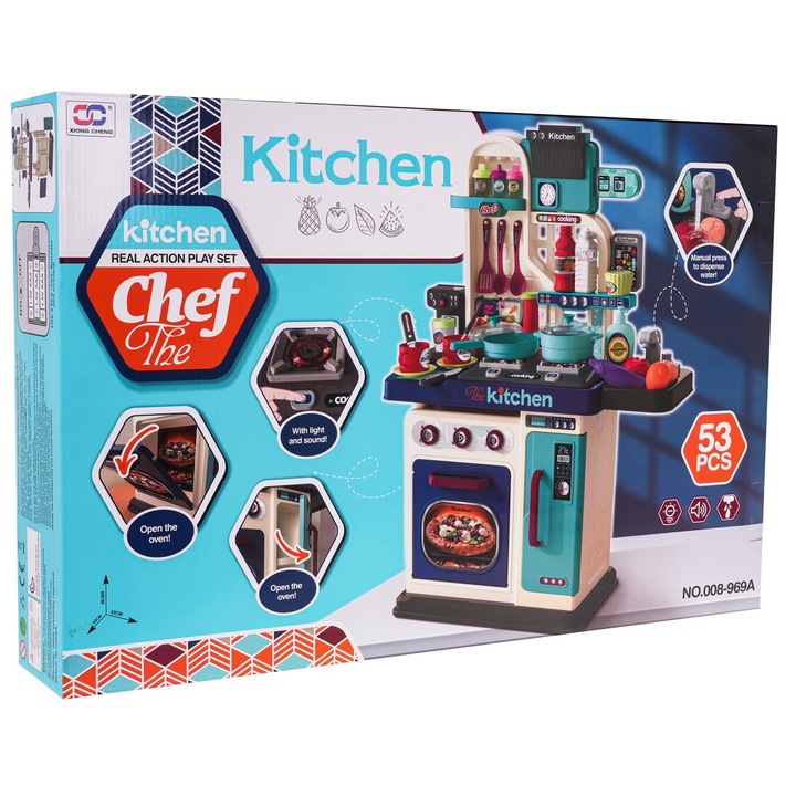 Bucatarie pentru copii, 53 elemente, functie de apa, sunet si lumina, multicolor, 69x53x22cm