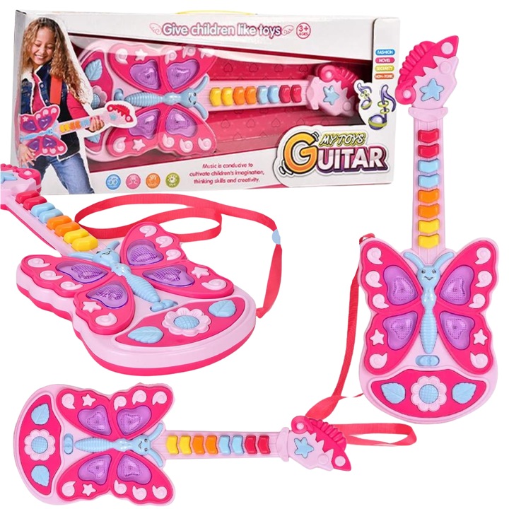 Interaktív gitár gyerekeknek, Import ProNice, 11 billentyű, hangeffektusok, többszínű, 52,8x23x5cm, szett szíjjal