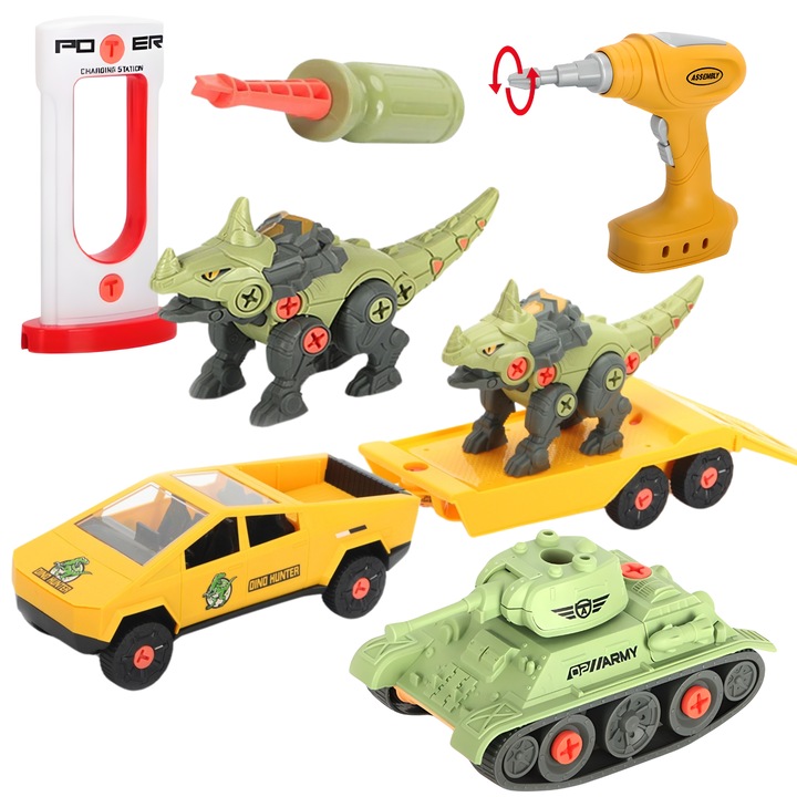 Set masinuta cu remorca, Import ProNice, dinozaur, tanc, 51x11x31cm