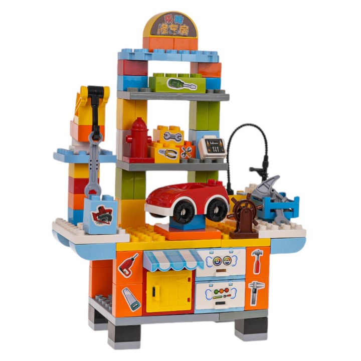 Конструктор, 110 части, работилница за автомобили, многоцветен, размери 40x29x13см