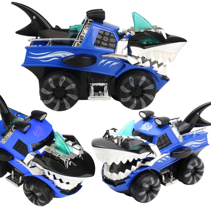 Masinuta off-road cu tema de rechin, efecte luminoase si sonore, rosie sau albastra, 34x21,6x20,4cm