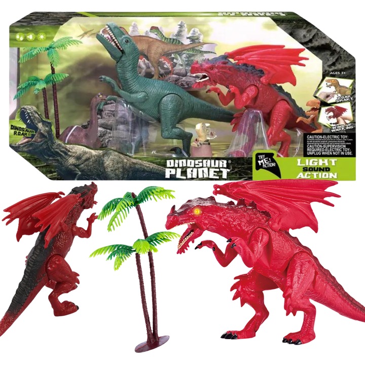 Комплект фигурки на динозаври, ProNice, 4 динозавъра, 2 дървета, звукови и светлинни ефекти, 41x13.5x19cm