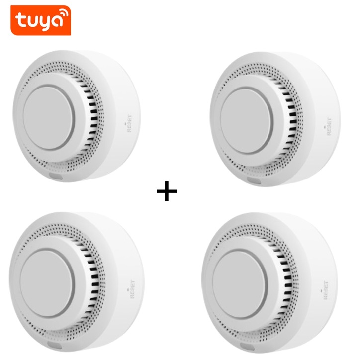 Set 4 bucati detectori de fum compatibil Tuya Zigbee, 3V, Smart home wireless, SmartLife, detectare 360 grade, alarma