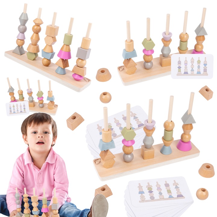 Maksik fa oktató puzzle, különböző formák, változatos színek, 10 kártya és 25 blokk, 10x15x22cm