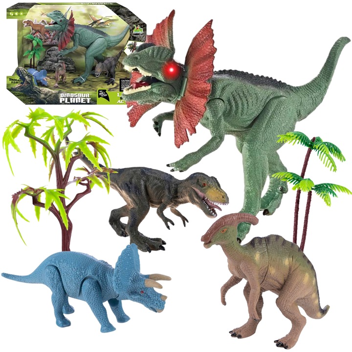 Set figurine dinozauri, Import ProNice, 4 dinozauri, 2 copaci, 37,5x14,5x25,5cm