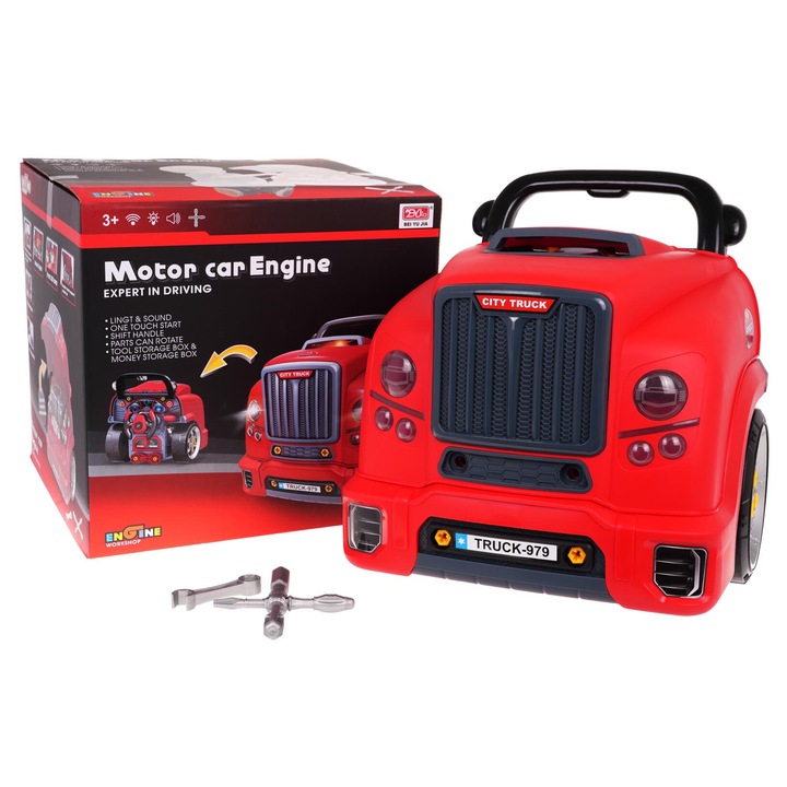 Interaktív gyerekjáték, piros, szétszedhető motorú autó, 36x33x32cm