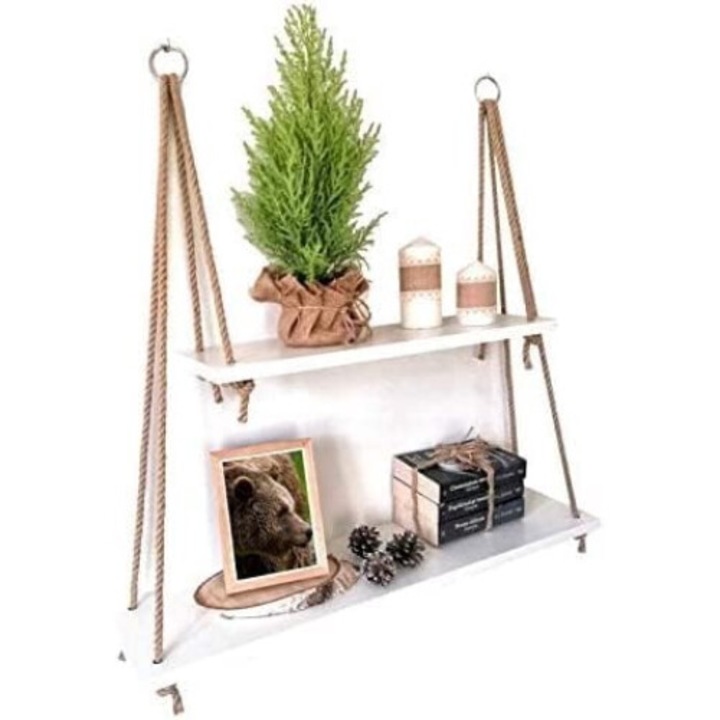 Etajera suspendata, alba, din lemn cu 2 franghii