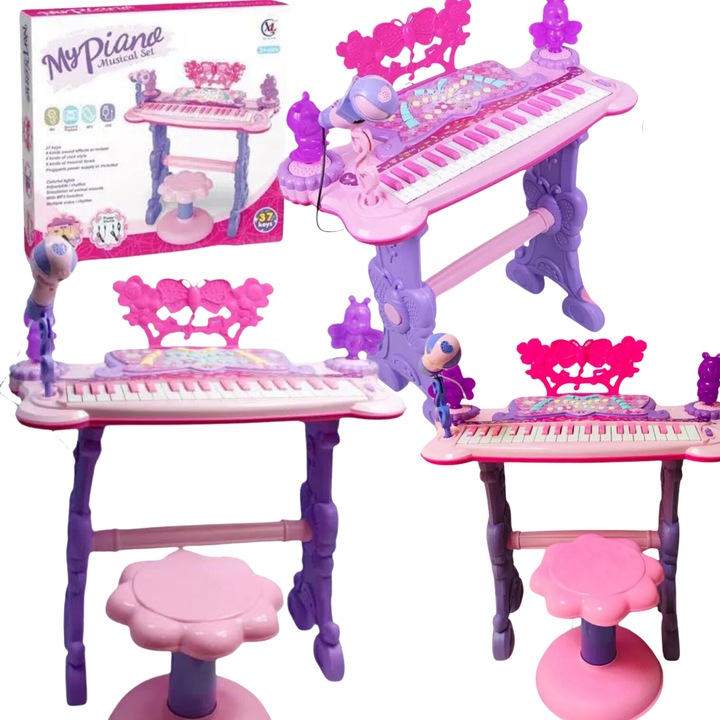 Pian electronic pentru copii, Maksik, set cu microfon si scaun, 37 de clape, efecte luminoase, 51,9x9,8x48,2cm
