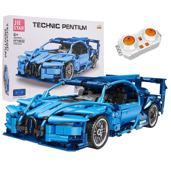 Set de constructie masina, 523 piese, 25,5x11,5x7,5cm, telecomanda, albastru, pentru copii de la 6 ani