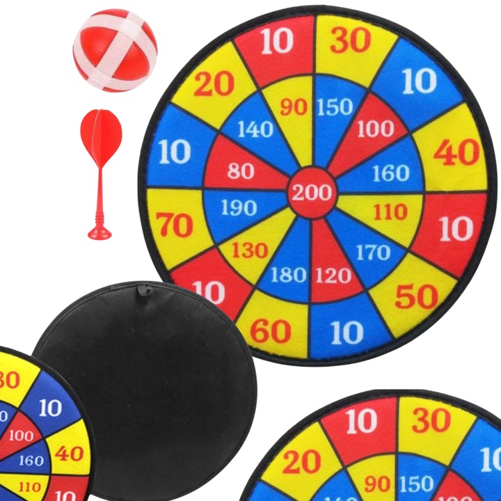 Darts tábla 200 ponttal, maksik, szett labdával és ütővel, színes, 28cm átmérő