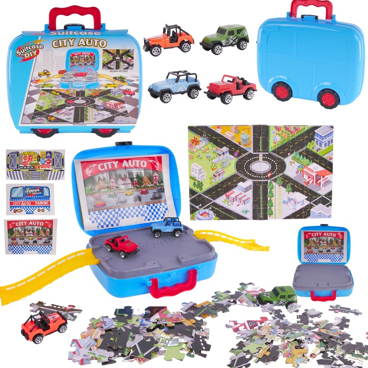 Set de joc masinute ProNice Group cu pista, valiza, harta din puzzle, 25x24x8cm