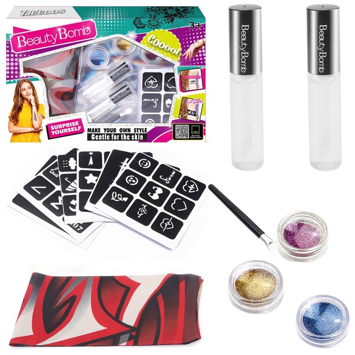 Set tatuaje temporare colorate cu glitter pentru copii, ProNice, 3 culori glitter, 33x20x4cm