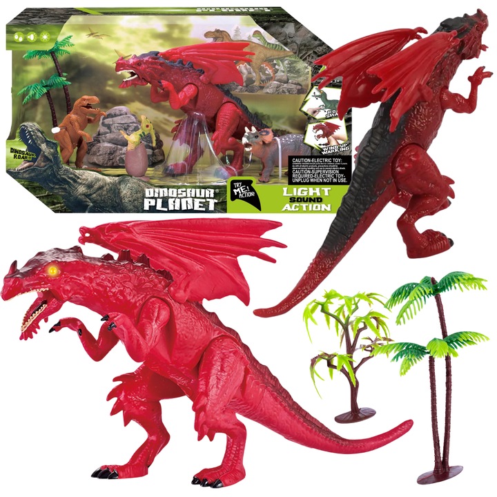 Set 4 Figurine Dinozauri cu 2 Copaci, ProNice, Dimensiuni 34,5x12x20cm, Efecte Sonore si Luminoase