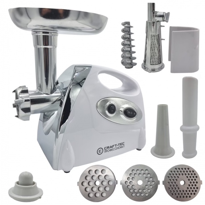 Електрическа месомелачка Craft-TEC - 3800 W, 3 сита, 1,9 кг/мин, аксесоари за домати и колбаси, меден мотор, MX 712