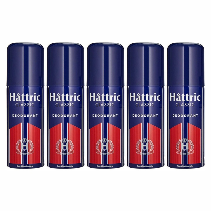 Set 5 x Deodorant spray Hattric Classic, cu parfum discret, masculin, 150 ml