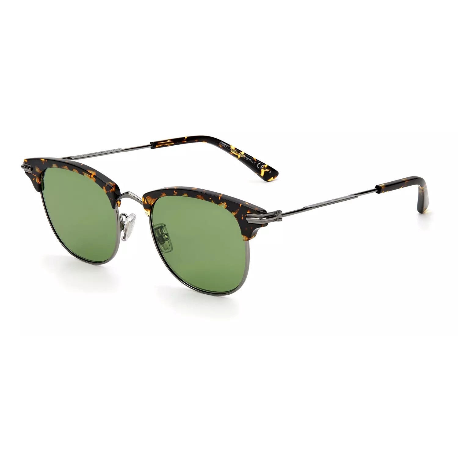 Ochelari de soare barbati Jimmy Choo, metalici, argintii si havana, lentile verzi, 51x20x150mm, set cu etui si servetel