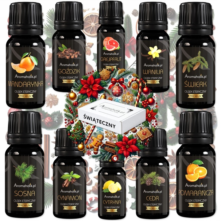 Комплект за ароматерапия Aromaholik, 10 натурални етерични масла, коледни парфюми, 10x10 мл