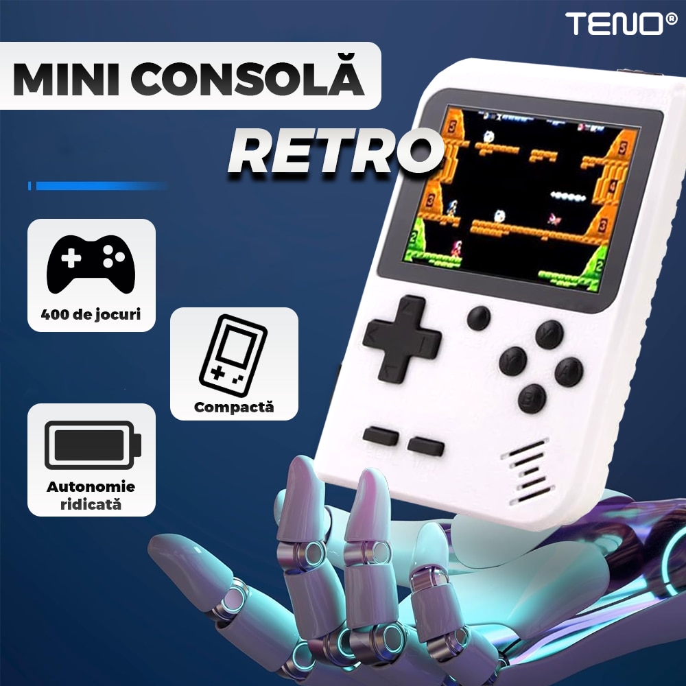 Mini Consola Jocuri Retro Game Box Teno®, SR-90, 400 in 1, rotita volum, portabila, cablu AV, incarcare USB-MINI, autonomie ridicata, 11x8 cm, alb