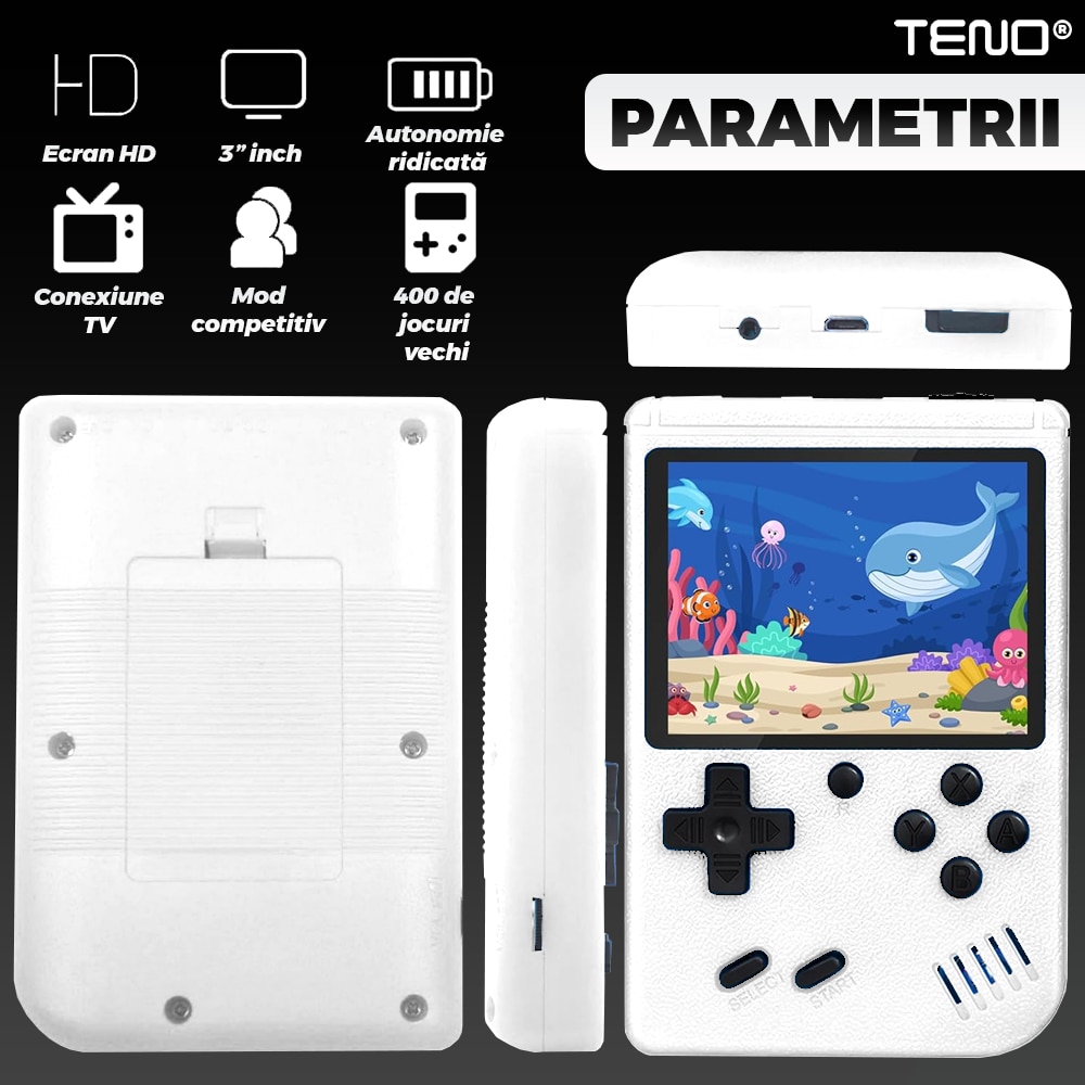 Mini Consola Jocuri Retro Game Box Teno®, SR-90, 400 in 1, rotita volum, portabila, cablu AV, incarcare USB-MINI, autonomie ridicata, 11x8 cm, alb