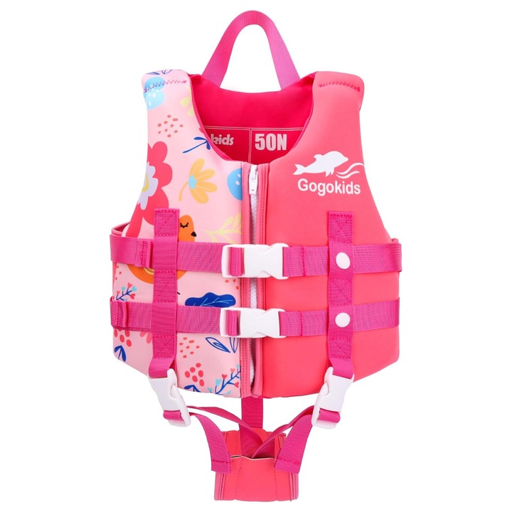 Gogokids neoprén mentőmellény úszni tanuló gyerekeknek, úszóképesség, 1-3 éves korig, súly 8-18 kg, S méret, rózsaszín madármintás