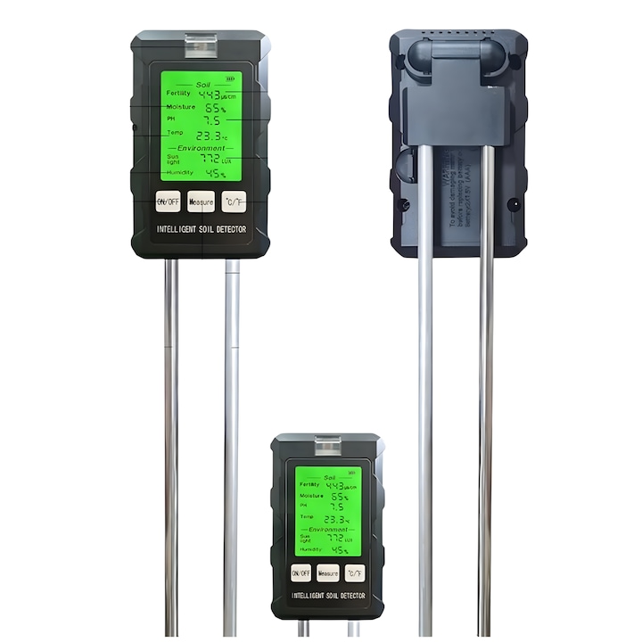 Tester Inteligent 6-in-1 pentru Sol - Fertilitate, pH, Umiditate, Temperatura, Lumina si Umiditatea Mediului, Ideal pentru Agricultura si Gradina
