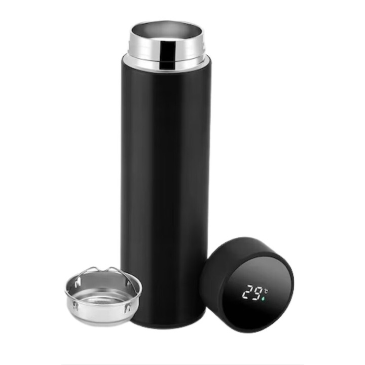 Termos negru, indicator temperatura, afisaj LED cu ecran tactil, 500ml