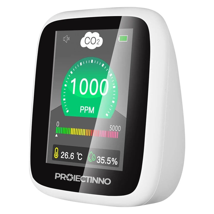 Monitor masurare calitate aer, Proiectinno, DM1308, detector CO2, temperatura si umiditate, senzor NDIR, baterie 1600 mAh, 400~5000ppm, alarma ajustabila, alb