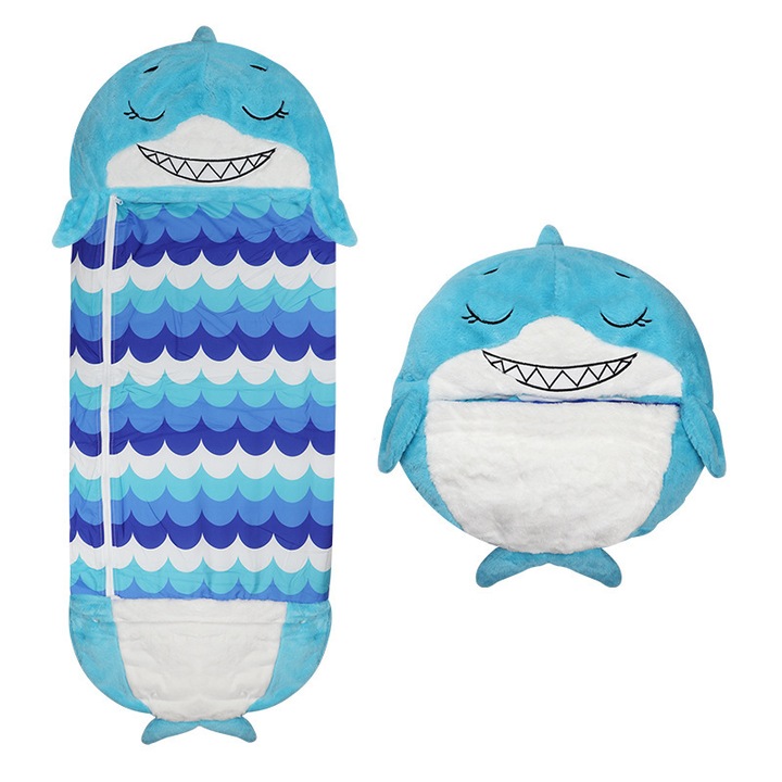 2 az 1-ben Blue Shark plüss hálózsák gyerekeknek, XGETOP® hordozható és összecsukható, 160x60 cm