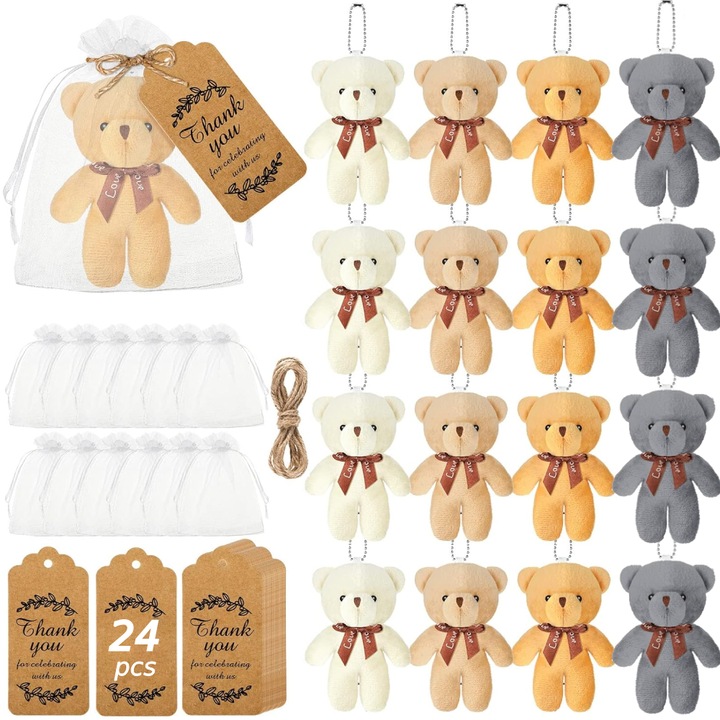 Set 73 Jucarie de plus urs 12cm, gri/alb/caisa/maro, TopGearWorld®, cu geanta din organza si Hang tag