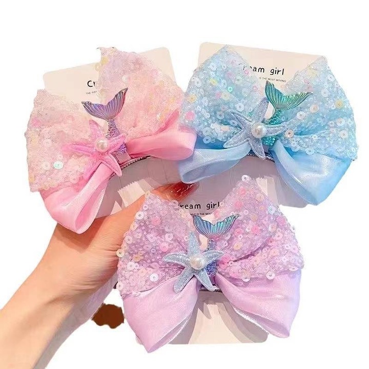 Clipuri de par pentru fete set de 3, sclipici, coada de sirena, arc, stea de mare, albastru violet roz