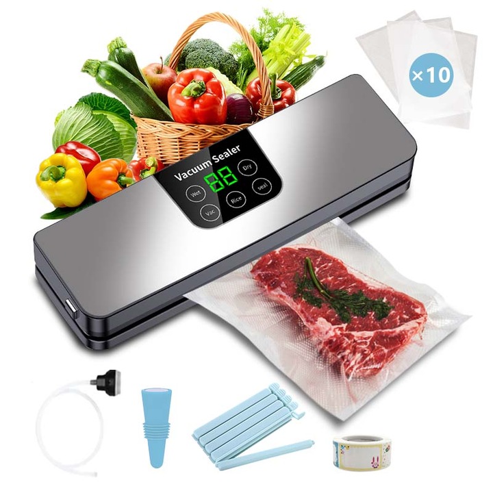 Aparat de vidat cu clema, ISEITTY, 140W, 28cm, mod umed/uscat, negru, set complet cu 300 stickere, 10 pungi, 5 cleme de sigilare