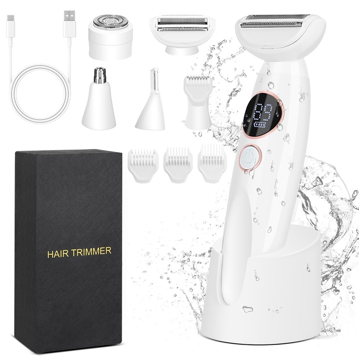 Epilator electric pentru femei, 5 in 1, Aparat de ras facial si corporal, Rezistent la apa IPX7, Alb lapte, Utilizare umeda si uscata, Design ergonomic, Usor de utilizat, Cadou Ideal
