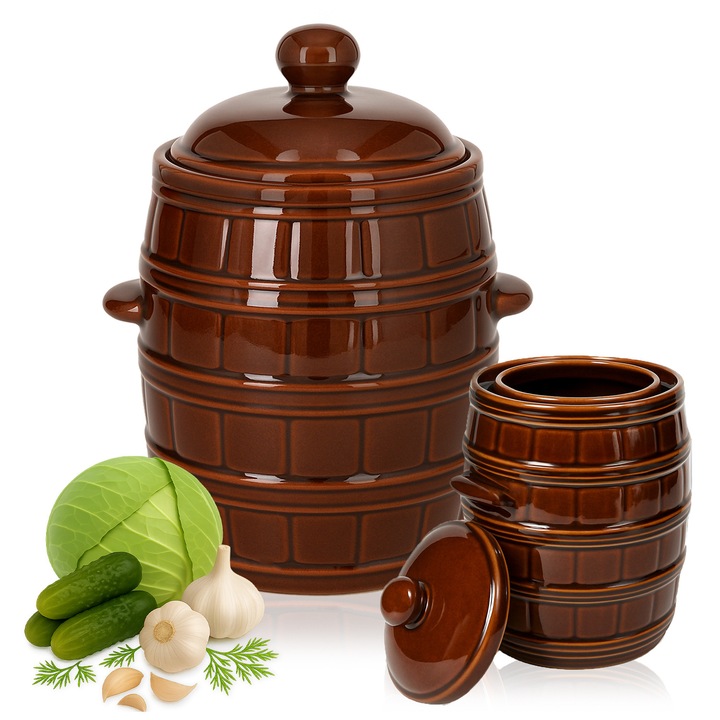 Butoi din ceramica de gresie, SuperButelki, 5 l, Ceramica, Suprafata pentru murat castraveti, Varza, Untura, Maro