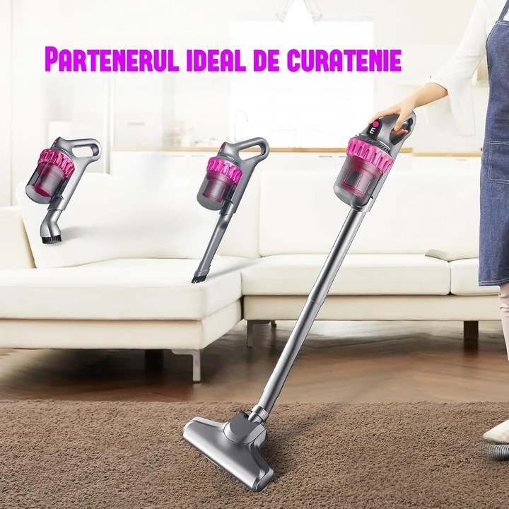 Aspirator fara fir DIGIMAT® multifunctional, 3 viteze (ECO, AUTO, TURBO), curatare de praf eficienta, sterilizare mare, pentru masina, indeparteaza acarienii de pe canapea/saltea, filtru HEPA, 100 W, practic/portabil/confortabil, autonomie 30-45 min, Roz