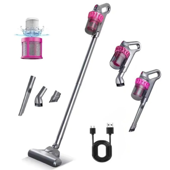 Aspirator fara fir DIGIMAT® multifunctional, 3 viteze (ECO, AUTO, TURBO), curatare de praf eficienta, sterilizare mare, pentru masina, indeparteaza acarienii de pe canapea/saltea, filtru HEPA, 100 W, practic/portabil/confortabil, autonomie 30-45 min, Roz