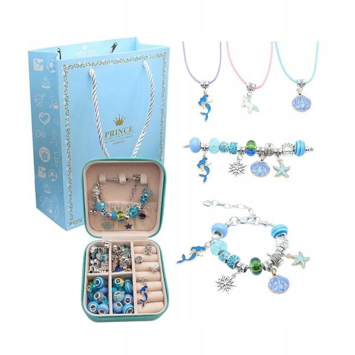 Set De Confectionat Bratari, Korbi, Creativitate, Depozitare Usoara, Materiale Rezistente, Inaltime 5 cm, Latime 9,5 cm, Albastru, Bej