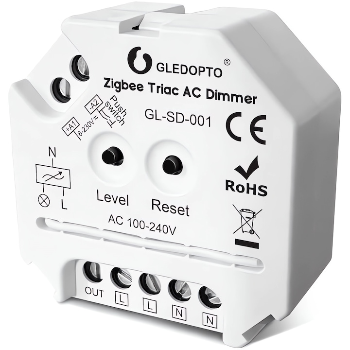 Dimmer GLEDOPTO Zigbee Triac AC 100-240 V, Sarcina Reglabila, Compatibil cu LED-uri, Lampi Halogen si Alexa/SmartThings