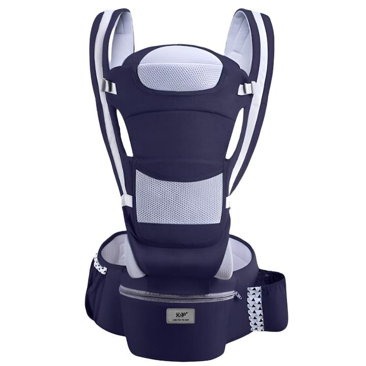 Marsupiu Ergonomic 15in1 pentru Bebe, Omna Multifunctional, Reglabil, Suport Lombar, Pozitia M, Buzunar de Depozitare, Culoare Albastru Inchis, Material Bumbac si Poliester, Greutate Maxima 25 kg, Varsta 0-36 Luni, Alabstru Inchis