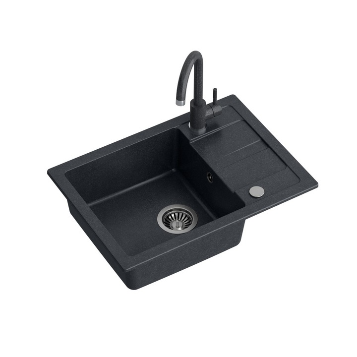 GO-SMART BLACK Chiuveta de bucatarie granit 1 set fara (62x44x17, 5) + baterie de culoare + sifon manual cu capac